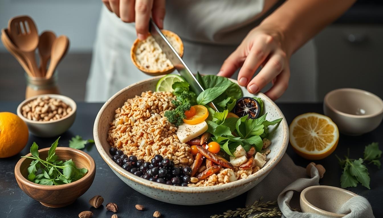 Balanced healthy meal prepared in a home kitchen